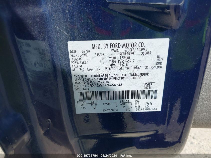 2007 Ford F-150 Stx/Xl/Xlt VIN: 1FTRX12W57NA56748 Lot: 39733794