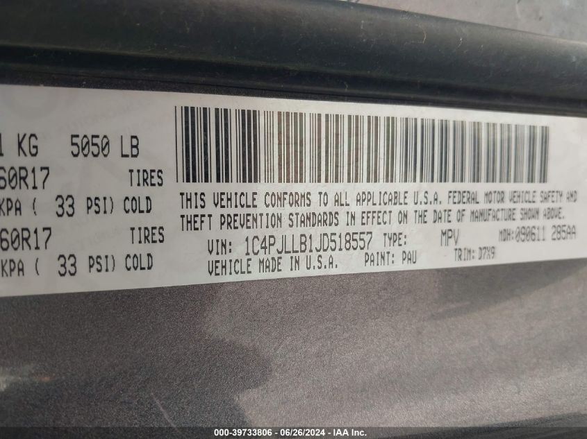 2018 Jeep Cherokee Latitude Plus Fwd VIN: 1C4PJLLB1JD518557 Lot: 39733806