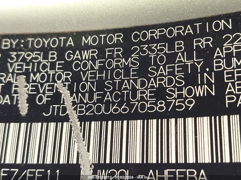 2006 Toyota Prius VIN: JTDKB20U667058759 Lot: 39733813