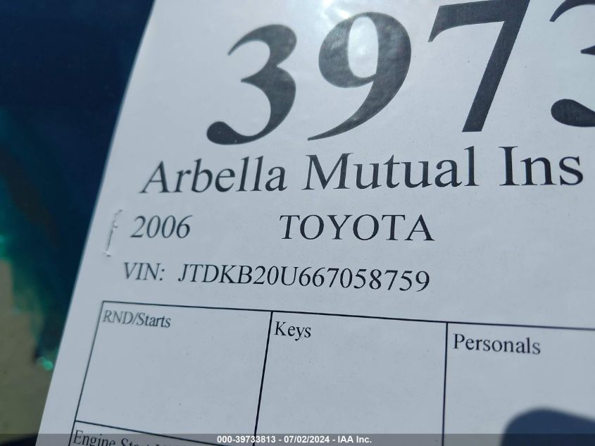 2006 Toyota Prius VIN: JTDKB20U667058759 Lot: 39733813