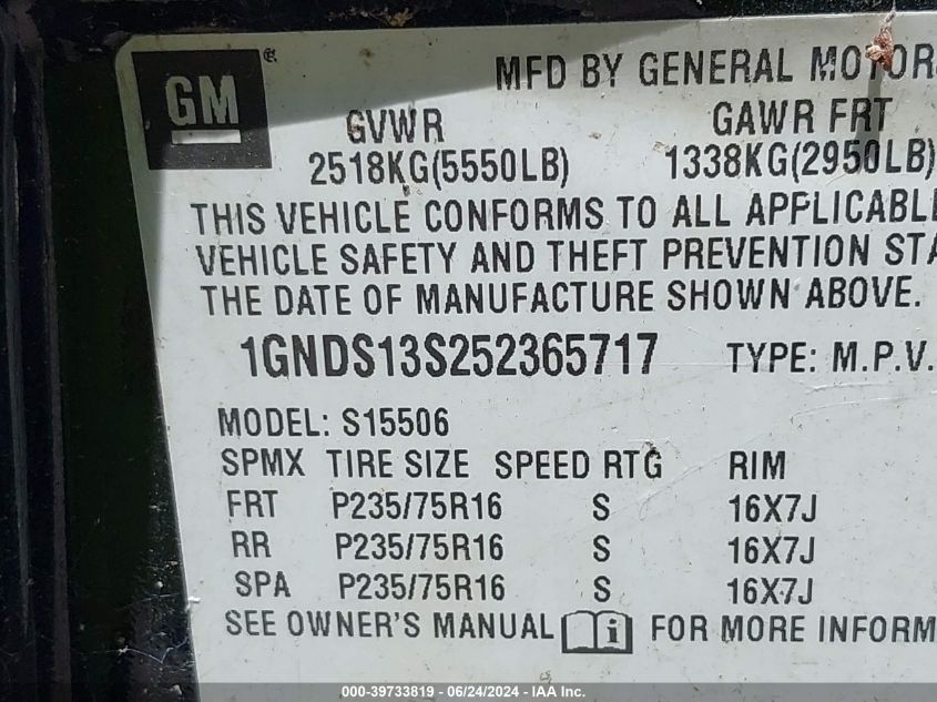 2005 Chevrolet Trailblazer Ls VIN: 1GNDS13S252365717 Lot: 39733819