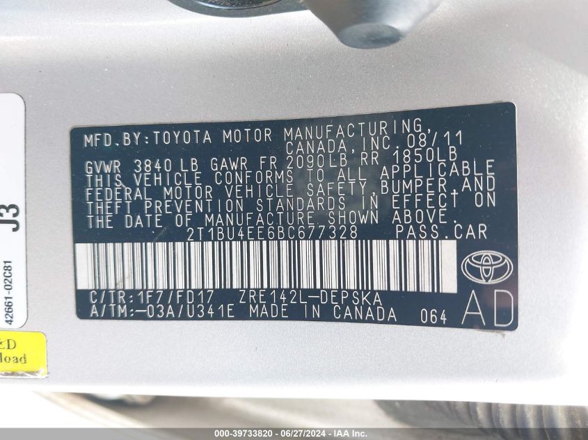 2011 Toyota Corolla S/Le VIN: 2T1BU4EE6BC677328 Lot: 39733820