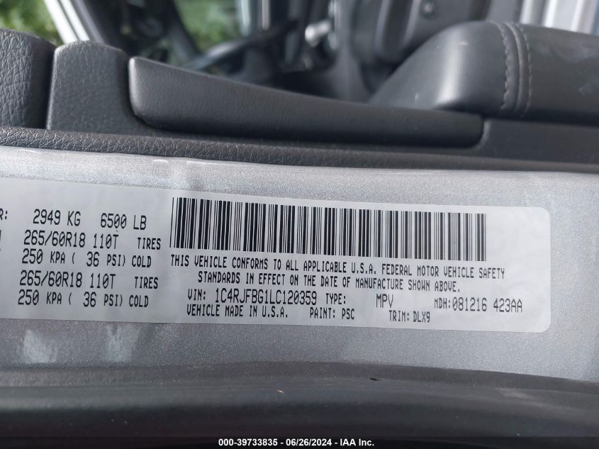 2020 Jeep Grand Cherokee Limited VIN: 1C4RJFBG1LC120359 Lot: 39733835