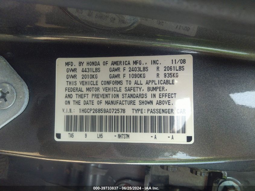 2009 Honda Accord Exl VIN: 1HGCP26859A072578 Lot: 39733837