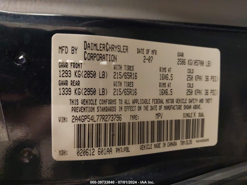 2007 Chrysler Town & Country Touring VIN: 2A4GP54L77R273796 Lot: 39733840