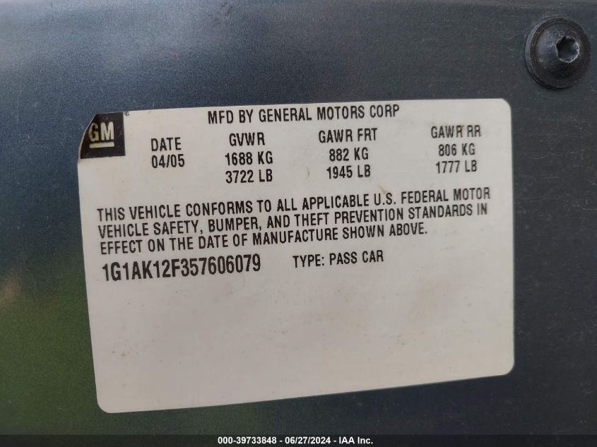 2005 Chevrolet Cobalt VIN: 1G1AK12F357606079 Lot: 39733848