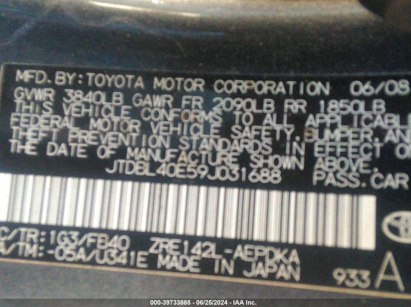 2009 Toyota Corolla Le VIN: JTDBL40E59J031688 Lot: 39733885