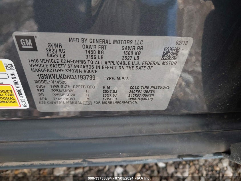 2013 Chevrolet Traverse Ltz VIN: 1GNKVLKD8DJ193789 Lot: 39733894