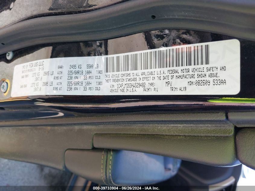 2017 Jeep Cherokee Limited VIN: 1C4PJMDS3HW529482 Lot: 39733904