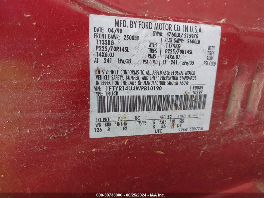 1998 Ford Ranger Splash/Xl/Xlt VIN: 1FTYR14U4WPB10190 Lot: 39733906