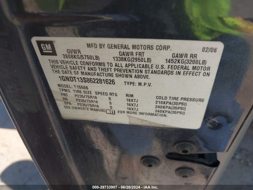2006 Chevrolet Trailblazer Ls VIN: 1GNDT13S862281626 Lot: 39733907