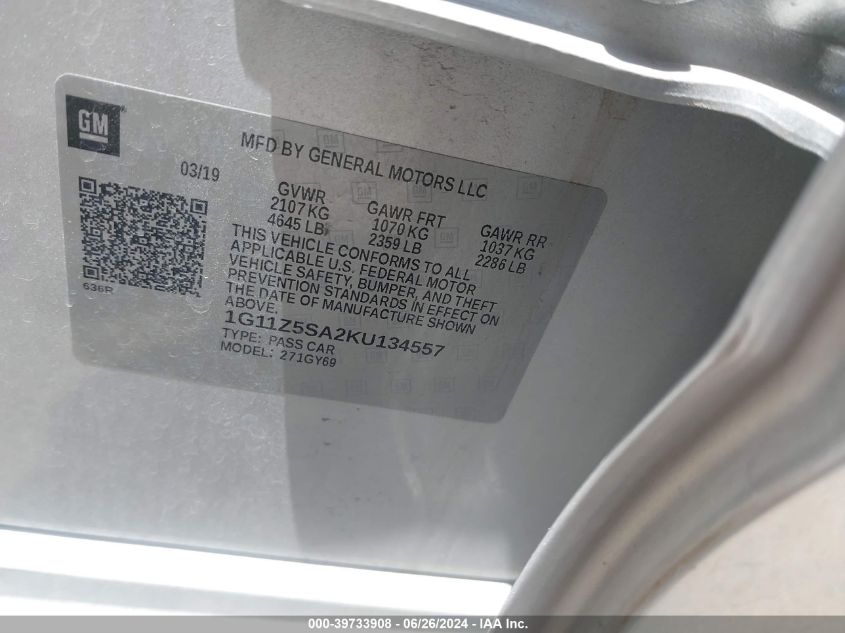 2019 Chevrolet Impala Lt VIN: 1G11Z5SA2KU134557 Lot: 39733908