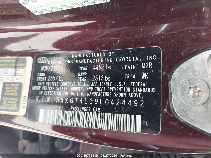 2020 Kia Optima Lx VIN: 5XXGT4L39LG424492 Lot: 39733910