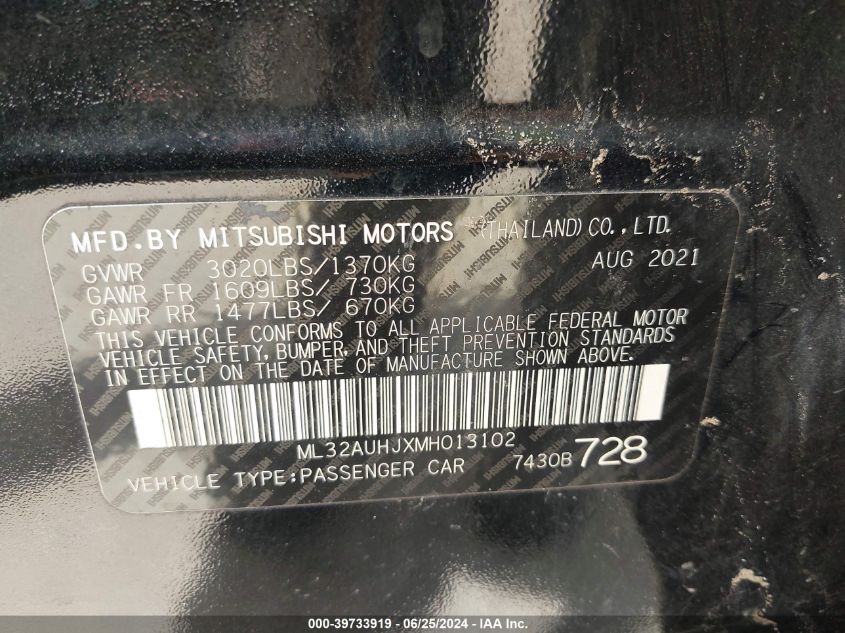 2021 Mitsubishi Mirage Es/Le/Carbonite Edition VIN: ML32AUHJXMH013102 Lot: 39733919