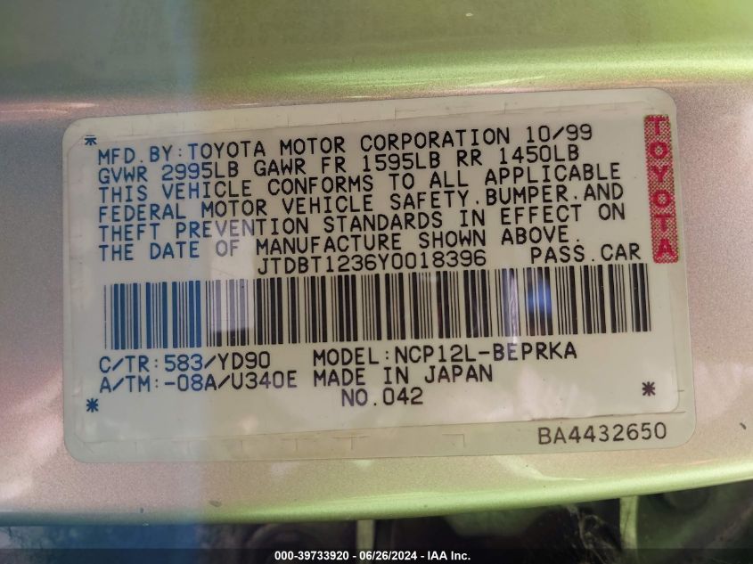 2000 Toyota Echo VIN: JTDBT1236Y0018396 Lot: 39733920