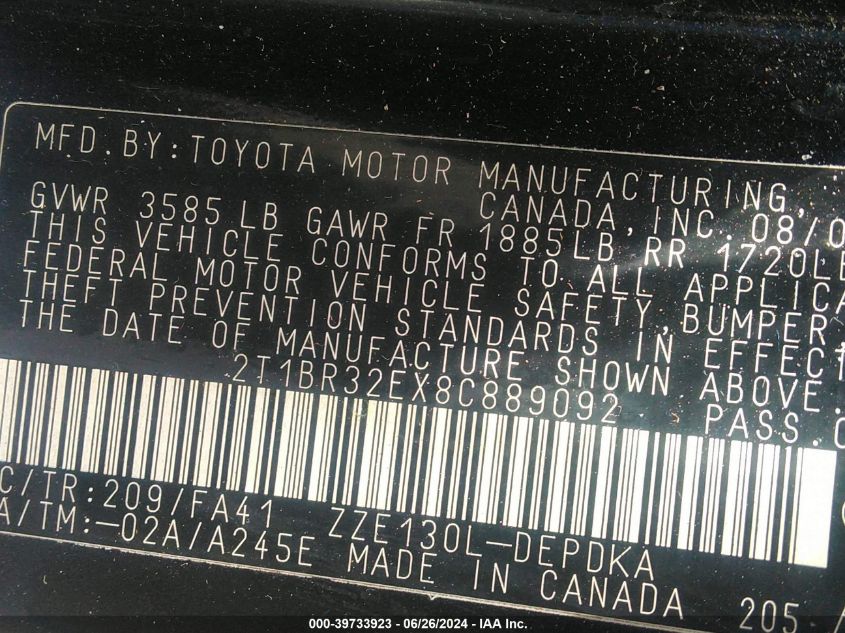 2008 Toyota Corolla Ce VIN: 2T1BR32EX8C889092 Lot: 39733923