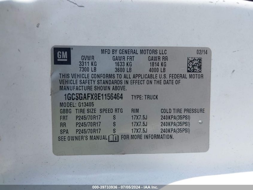 2014 Chevrolet Express 1500 Work Van VIN: 1GCSGAFX8E1156464 Lot: 39733936