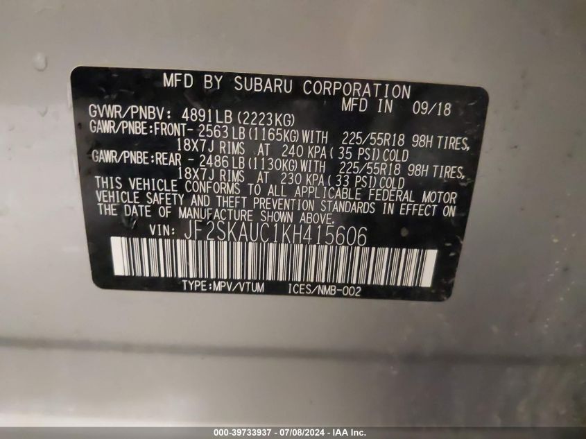 2019 Subaru Forester Limited VIN: JF2SKAUC1KH415606 Lot: 39733937