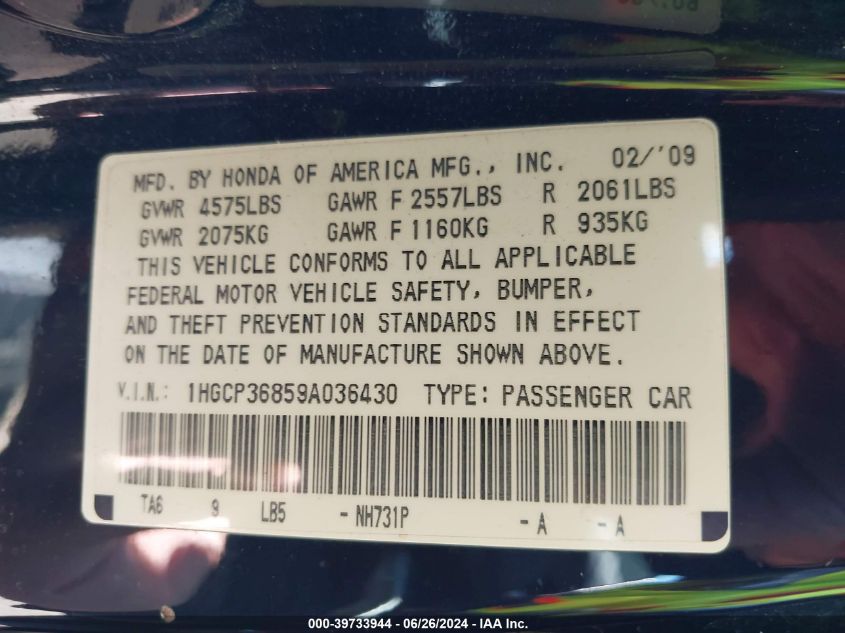 2009 Honda Accord 3.5 Ex-L VIN: 1HGCP36859A036430 Lot: 39733944