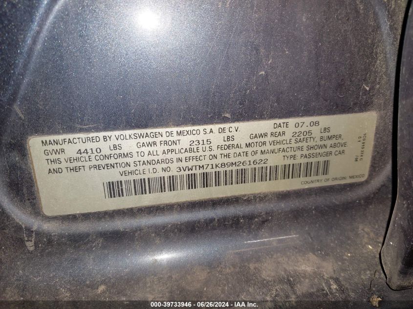 2009 Volkswagen Jetta 2.5L Se VIN: 3VWTM71K89M261622 Lot: 39733946