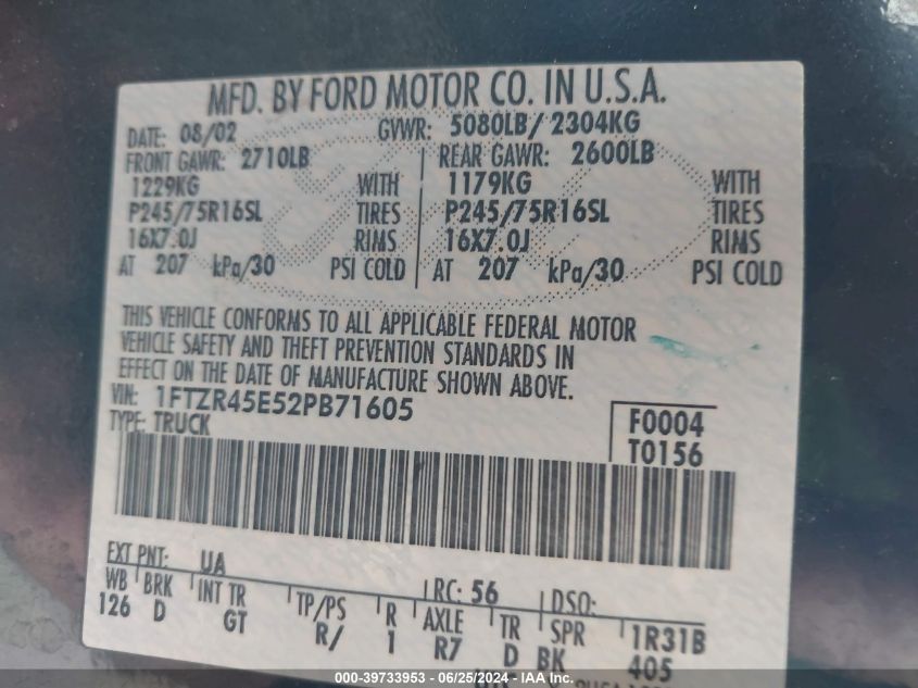 2002 Ford Ranger Edge/Xlt VIN: 1FTZR45E52PB71605 Lot: 39733953