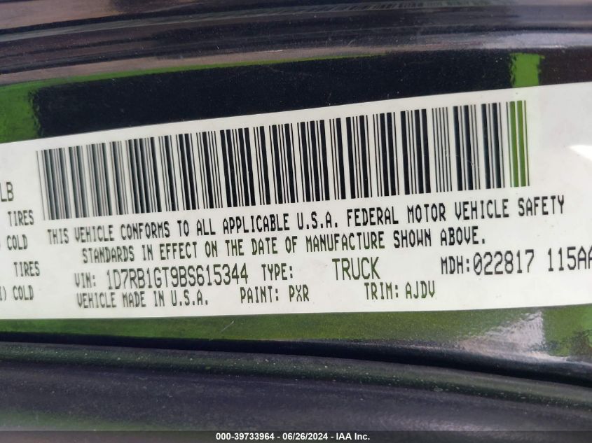 2011 Ram Ram 1500 VIN: 1D7RB1GT9BS615344 Lot: 39733964