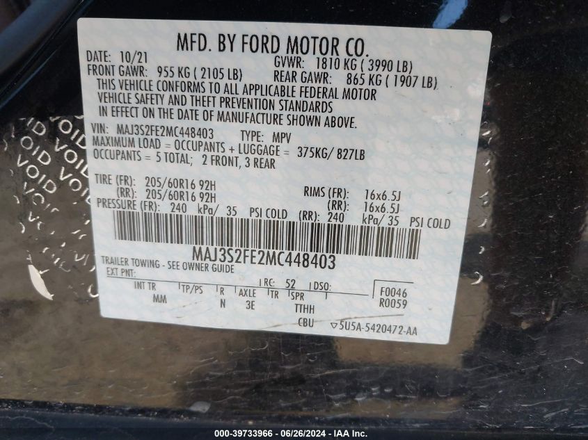 2021 Ford Ecosport S VIN: MAJ3S2FE2MC448403 Lot: 39733966