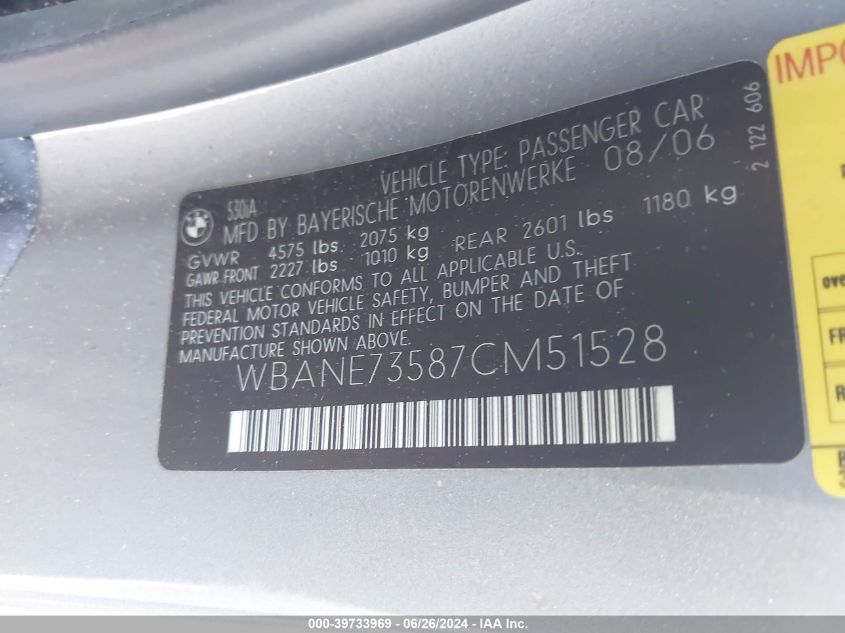 2007 BMW 530I I VIN: WBANE73587CM51528 Lot: 39733969