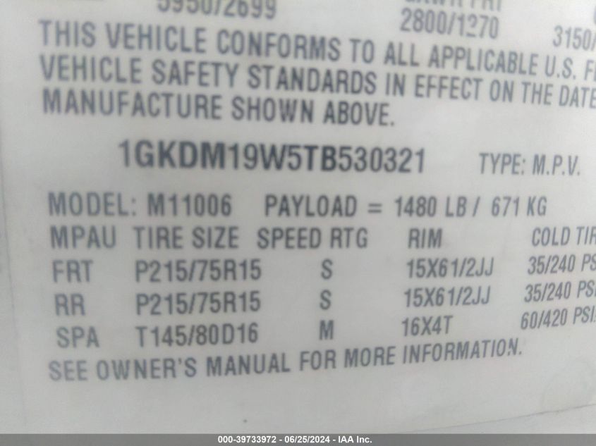 1996 GMC Safari Xt VIN: 1GKDM19W5TB530321 Lot: 39733972