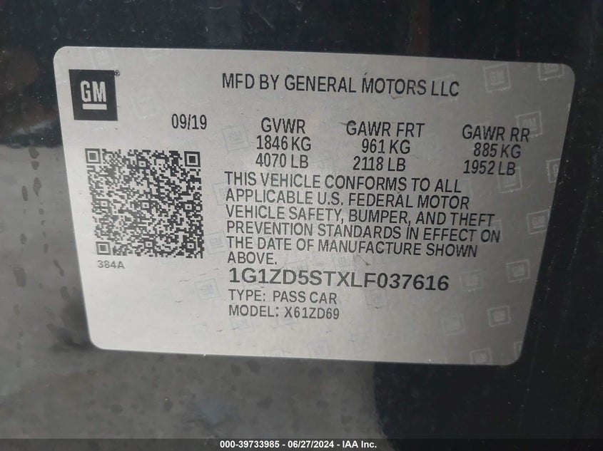 2020 Chevrolet Malibu Fwd Lt VIN: 1G1ZD5STXLF037616 Lot: 39733985