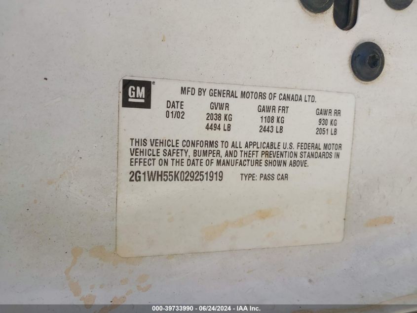 2002 Chevrolet Impala Ls VIN: 2G1WH55K029251919 Lot: 39733990