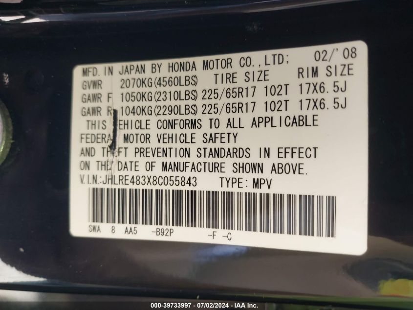 2008 Honda Cr-V Lx VIN: JHLRE483X8C055843 Lot: 39733997