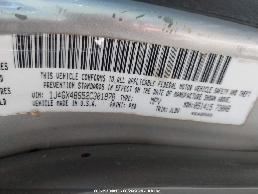 2002 Jeep Grand Cherokee Laredo VIN: 1J4GX48S52C301978 Lot: 39734010