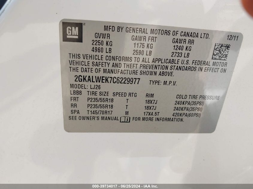 2012 GMC Terrain Slt-2 VIN: 2GKALWEK7C6229977 Lot: 39734017