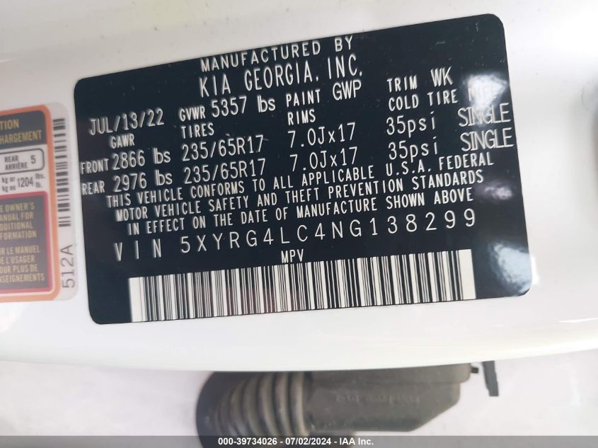 2022 Kia Sorento Lx VIN: 5XYRG4LC4NG138299 Lot: 39734026