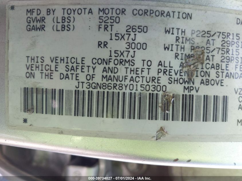 2000 Toyota 4Runner Sr5 V6 VIN: JT3GN86R8Y0150300 Lot: 39734027