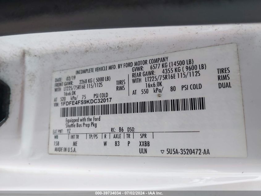 2019 Ford Econoline E450 Super Duty Cutaway V VIN: 1FDFE4FS9KDC32017 Lot: 39734034