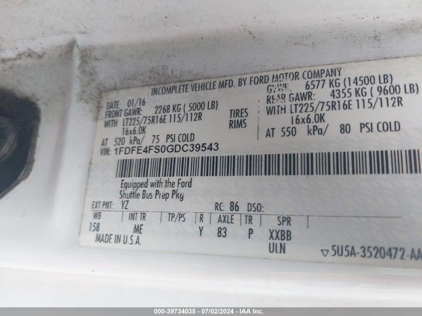 2016 Ford Econoline E450 Super Duty Cutwy Van VIN: 1FDFE4FS0GDC39543 Lot: 39734035