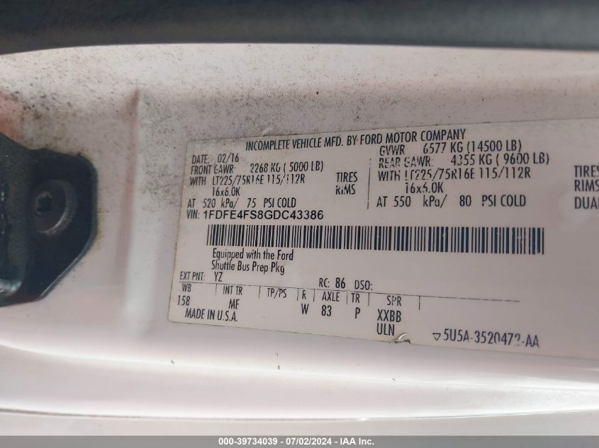 2016 Ford E-450 Cutaway VIN: 1FDFE4FS8GDC43386 Lot: 39734039
