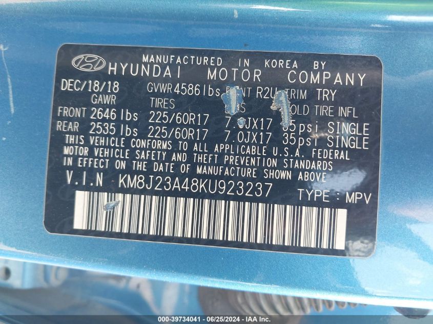 2019 Hyundai Tucson Se VIN: KM8J23A48KU923237 Lot: 39734041
