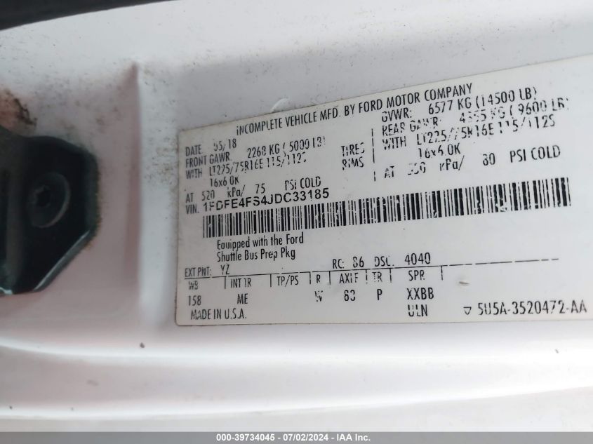 2018 Ford E-450 Cutaway VIN: 1FDFE4FS4JDC33185 Lot: 39734045