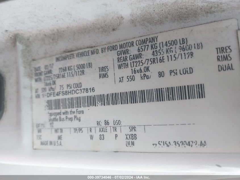 2017 Ford Econoline E450 Super Duty Cutwy Van VIN: 1FDFE4FS8HDC37816 Lot: 39734046