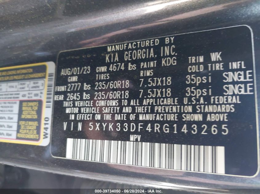 2024 Kia Sportage Ex VIN: 5XYK33DF4RG143265 Lot: 39734050
