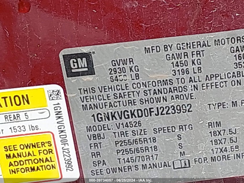 2015 Chevrolet Traverse 1Lt VIN: 1GNKVGKD0FJ223992 Lot: 39734057