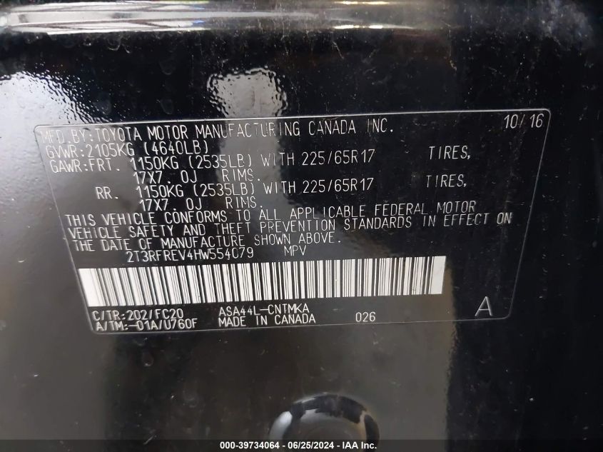2017 Toyota Rav4 Xle VIN: 2T3RFREV4HW554079 Lot: 39734064