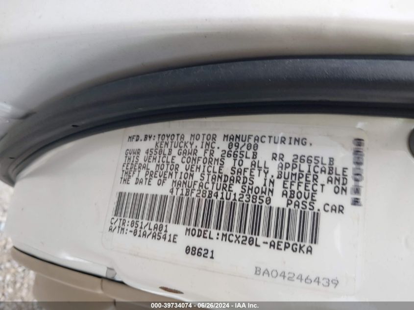 2001 Toyota Avalon Xls VIN: 4T1BF28B41U123850 Lot: 39734074