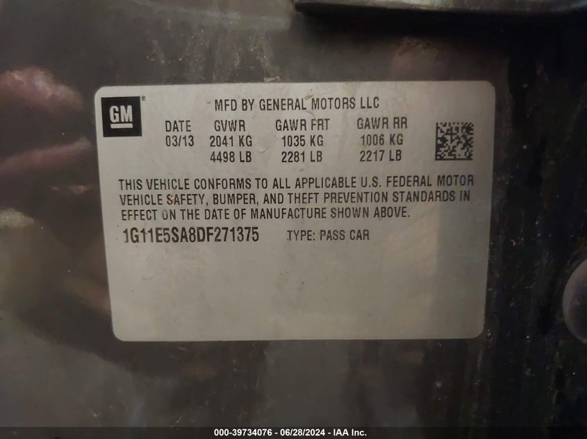 2013 Chevrolet Malibu 2Lt VIN: 1G11E5SA8DF271375 Lot: 39734076