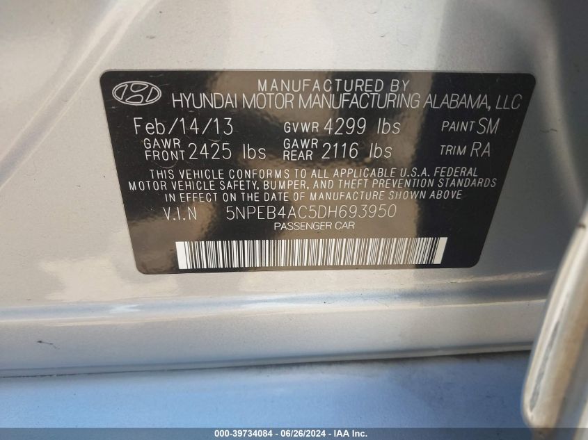 2013 HYUNDAI SONATA GLS - 5NPEB4AC5DH693950