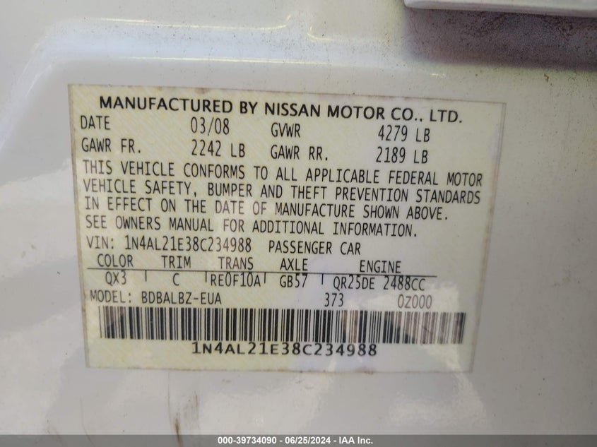 2008 Nissan Altima 2.5 S VIN: 1N4AL21E38C234988 Lot: 39734090