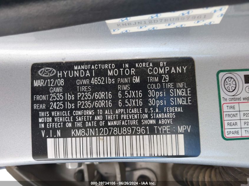 2008 Hyundai Tucson Limited V6/Se VIN: KM8JN12D78U897961 Lot: 39734105